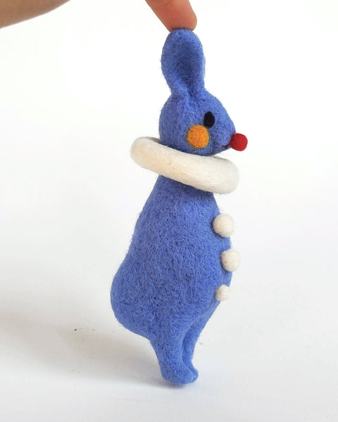 Needle Felted Art Doll: Blue Red-Nosed Bunny Clown [6 inches tall, 100%  Wool]