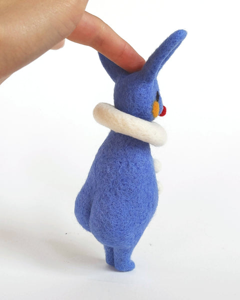 Needle Felted Art Doll: Blue Red-Nosed Bunny Clown [6 inches tall, 100%  Wool]