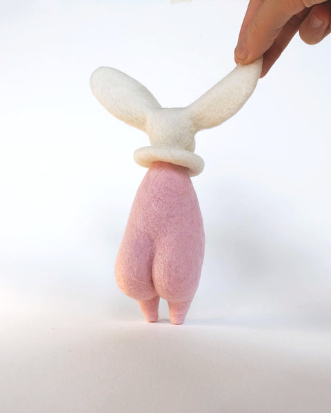 Needle Felted Art Doll: Whitecap Bunny Pierrot in Pastel Pink [7 inches tall, 100%  Wool]