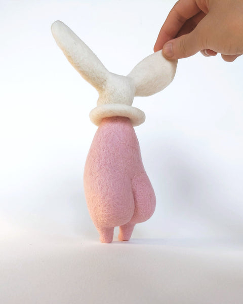 Needle Felted Art Doll: Whitecap Bunny Pierrot in Pastel Pink [7 inches tall, 100%  Wool]