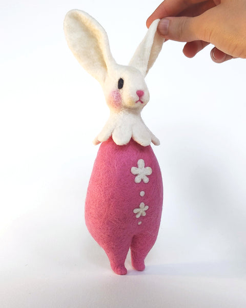 Needle Felted Art Doll: Pink and White Flower Bunny [8.25 inches tall, 100%  Wool]