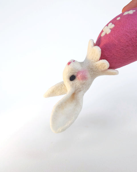 Needle Felted Art Doll: Pink and White Flower Bunny [8.25 inches tall, 100%  Wool]