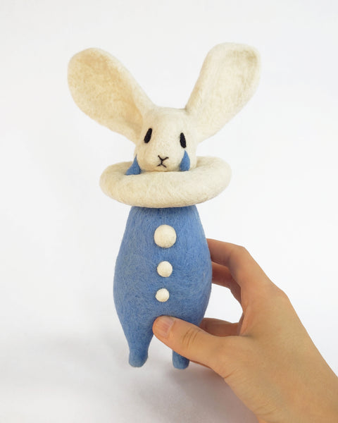 Needle Felted Art Doll: Crying Blue Bunny Pierrot [8 inches tall, 100%  Wool]