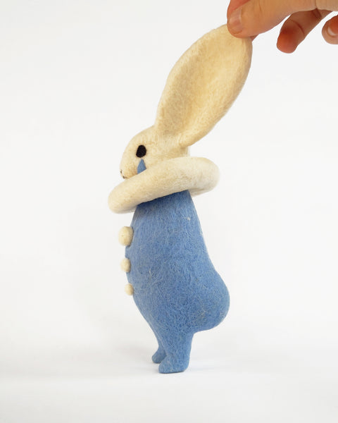 Needle Felted Art Doll: Crying Blue Bunny Pierrot [8 inches tall, 100%  Wool]