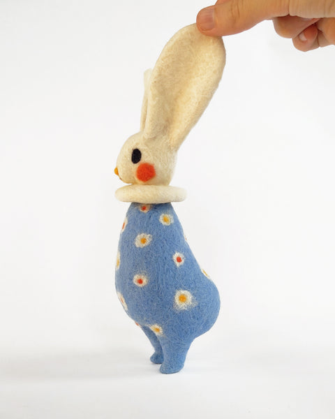 Needle Felted Art Doll: Venomous Blue Bunny Pierrot [8.5 inches tall, 100%  Wool]
