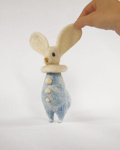 Needle Felted Art Doll: Yellow-Nosed Whitecap Bunny Pierrot in Marbled Blue [7.5 inches tall, 100%  Wool]