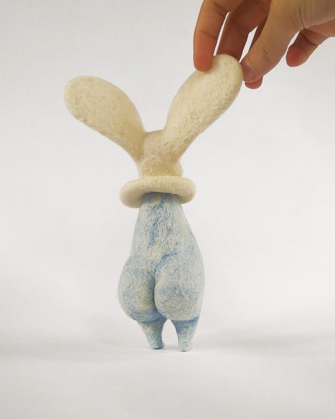Needle Felted Art Doll: Yellow-Nosed Whitecap Bunny Pierrot in Marbled Blue [7.5 inches tall, 100%  Wool]