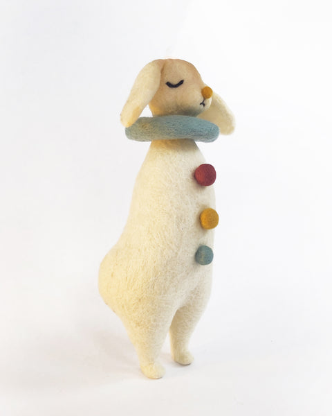 Needle Felted Art Doll: Enormous Lop-Eared Yellow-Nosed Bunny Pierrot with Closed Eyes, Teal Ruff, and Multicolored Buttons [9.25 inches tall, 100%  Wool]