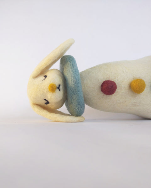 Needle Felted Art Doll: Enormous Lop-Eared Yellow-Nosed Bunny Pierrot with Closed Eyes, Teal Ruff, and Multicolored Buttons [9.25 inches tall, 100%  Wool]