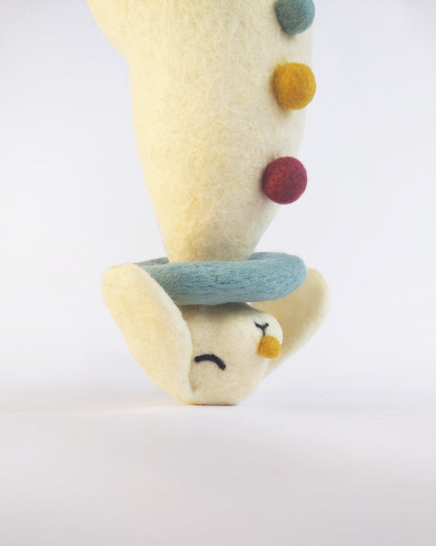 Needle Felted Art Doll: Enormous Lop-Eared Yellow-Nosed Bunny Pierrot with Closed Eyes, Teal Ruff, and Multicolored Buttons [9.25 inches tall, 100%  Wool]