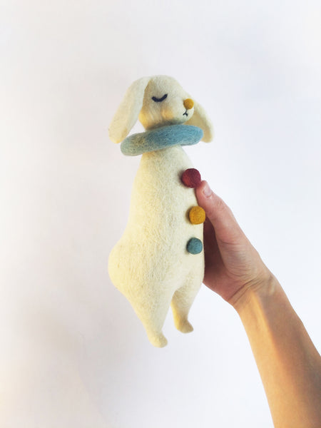 Needle Felted Art Doll: Enormous Lop-Eared Yellow-Nosed Bunny Pierrot with Closed Eyes, Teal Ruff, and Multicolored Buttons [9.25 inches tall, 100%  Wool]