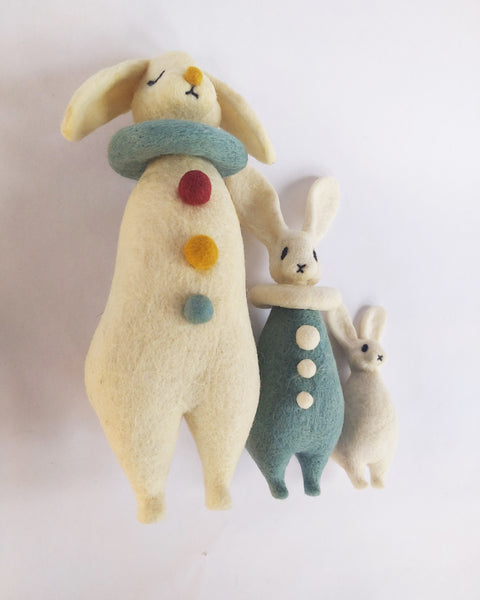 Needle Felted Art Doll: Enormous Lop-Eared Yellow-Nosed Bunny Pierrot with Closed Eyes, Teal Ruff, and Multicolored Buttons [9.25 inches tall, 100%  Wool]