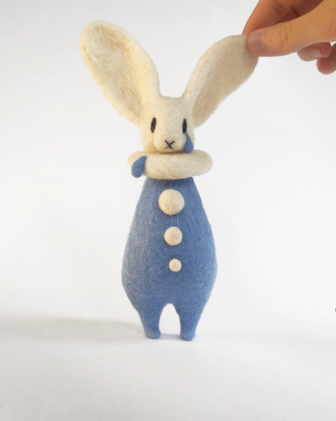 Needle Felted Art Doll: Crying Blue Bunny Pierrot [7.5 inches tall, 100%  Wool]