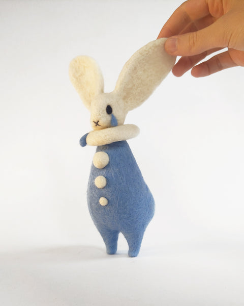 Needle Felted Art Doll: Crying Blue Bunny Pierrot [7.5 inches tall, 100%  Wool]