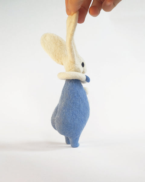 Needle Felted Art Doll: Crying Blue Bunny Pierrot [7.5 inches tall, 100%  Wool]