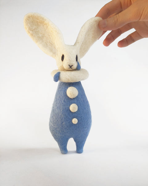 Needle Felted Art Doll: Crying Blue Bunny Pierrot [7.5 inches tall, 100%  Wool]