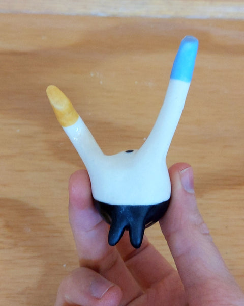 Tinybirdman Ceramic Art Toy [22.007: Two-headed, Left Knee Up]