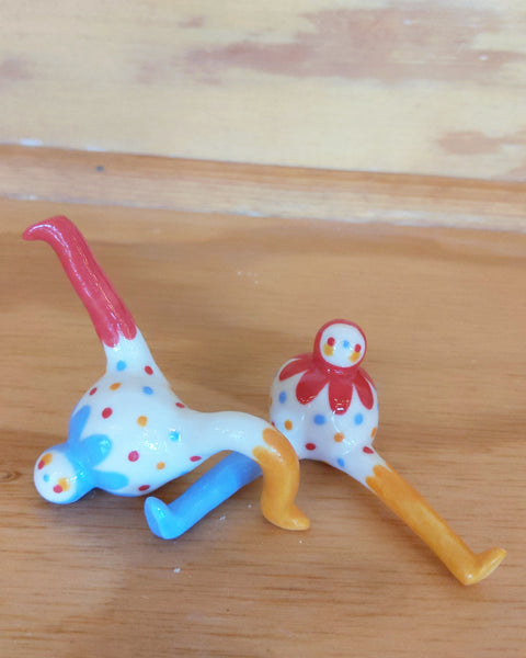 Tinybirdman Ceramic Art Toy Duo [22.012 and 22.013: Scalloped Pastel Primary with Polka Dots]