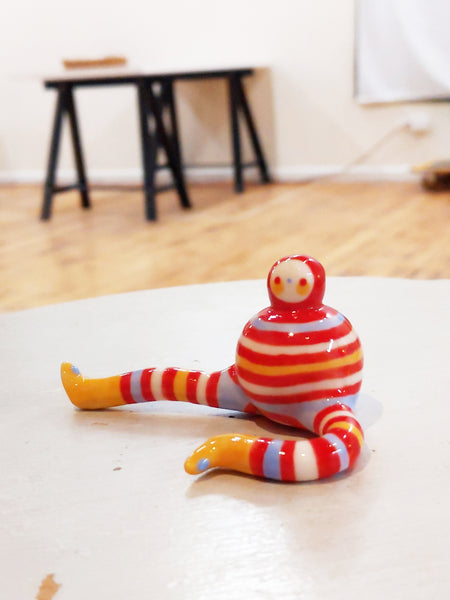 Tinybirdman Ceramic Art Toy [22.063: Stripey with Yellow Boots]