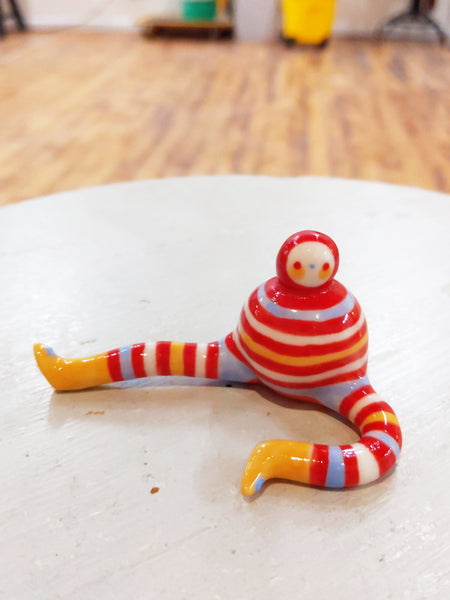 Tinybirdman Ceramic Art Toy [22.063: Stripey with Yellow Boots]