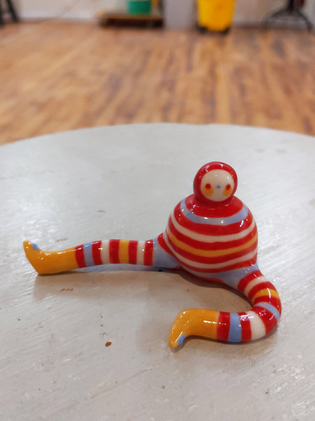 Tinybirdman Ceramic Art Toy [22.063: Stripey with Yellow Boots]