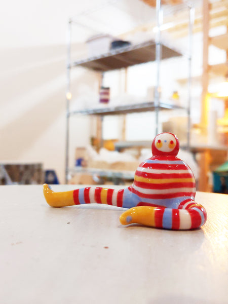 Tinybirdman Ceramic Art Toy [22.063: Stripey with Yellow Boots]