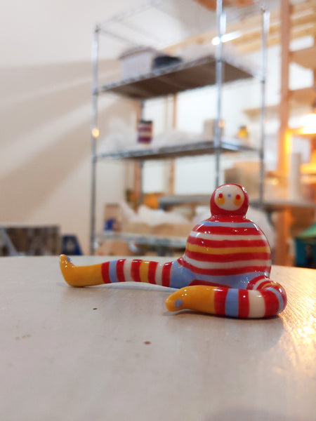 Tinybirdman Ceramic Art Toy [22.063: Stripey with Yellow Boots]