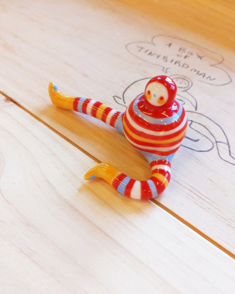 Tinybirdman Ceramic Art Toy [22.063: Stripey with Yellow Boots]