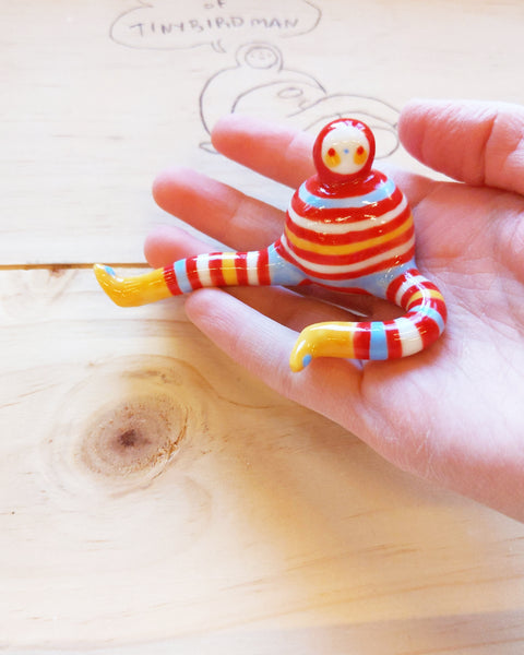 Tinybirdman Ceramic Art Toy [22.063: Stripey with Yellow Boots]