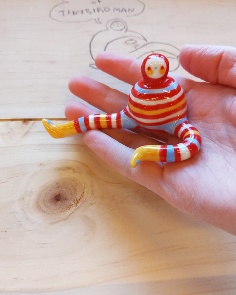 Tinybirdman Ceramic Art Toy [22.063: Stripey with Yellow Boots]