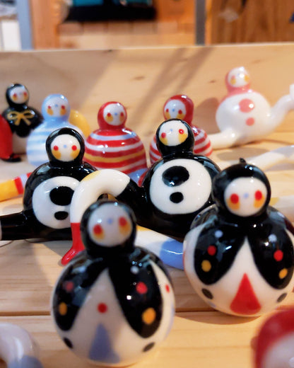 Tinybirdman Ceramic Art Toy Duo [22.053 and 22.054: Black Capelet with Bow, Red and Yellow]