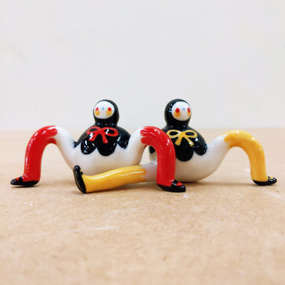 Tinybirdman Ceramic Art Toy Duo [22.053 and 22.054: Black Capelet with Bow, Red and Yellow]