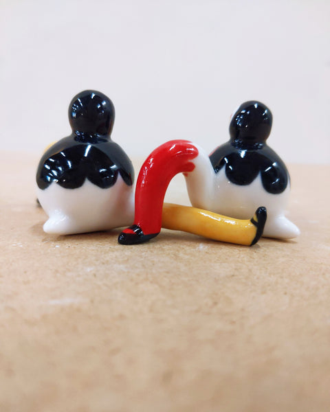 Tinybirdman Ceramic Art Toy Duo [22.053 and 22.054: Black Capelet with Bow, Red and Yellow]