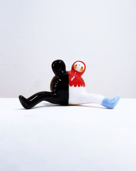Tinybirdman Ceramic Art Toy [22.077: Two-Headed Half-Shadowed Red-Scalloped Peasant]