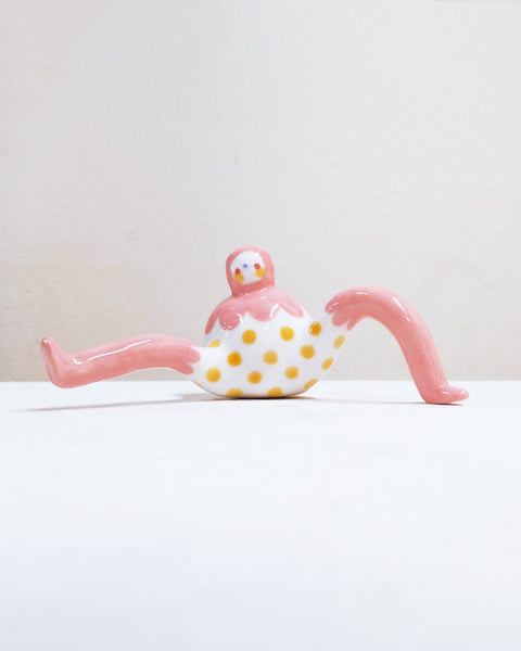 Tinybirdman Ceramic Art Toy [22.088: Pink Scalloped with Yellow Polka Dot SECOND]