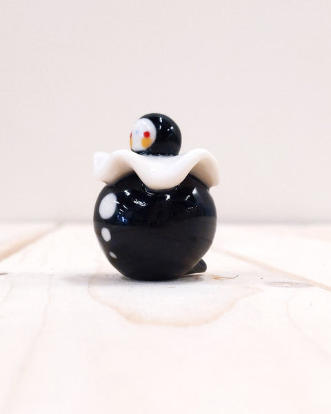 Birbauble Ceramic Art Toy [BB23.004: Black and White Pierrot, 1.25" Body Diameter]