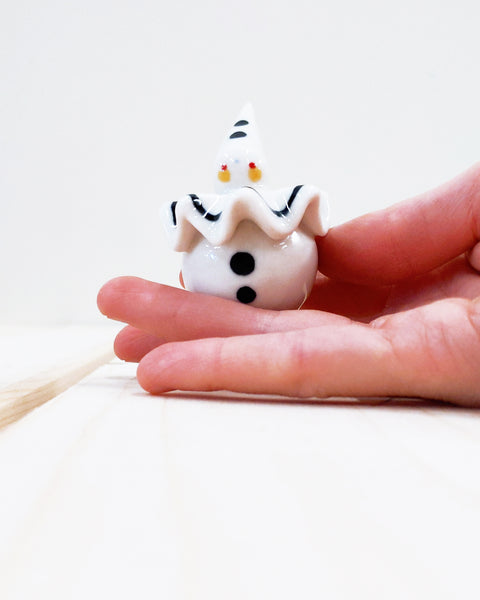Birbauble Ceramic Art Toy [BB23.002: White Pierrot with Hat, 1.25" Body Diameter]