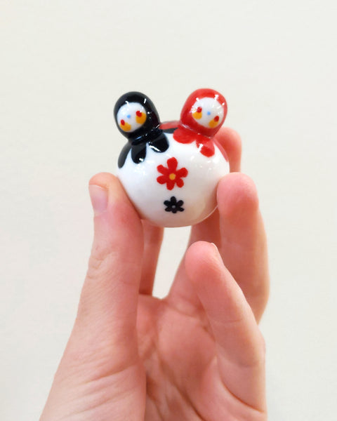 goatPIERROT Ceramic Art Toy [Birbauble BB23.043: Two-Headed Black and Red Flower]