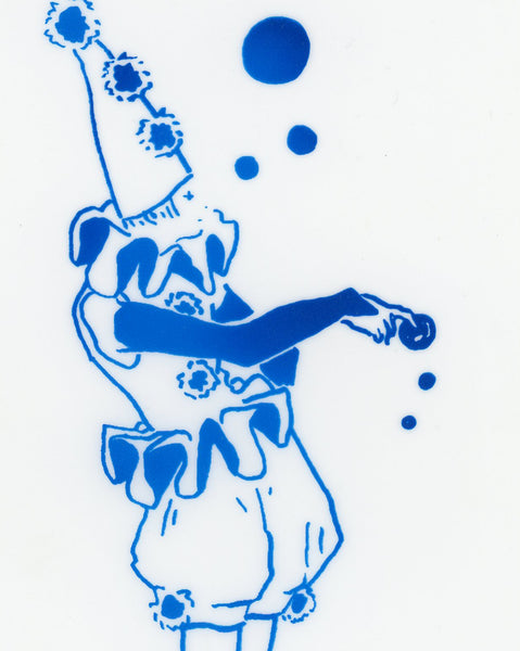 Varied Edition Screen Print: 'Pointing Pierrot' AK Kidd 2022 [7x11 inches, Pearlescent Blue Ink on Translucent Yupo]