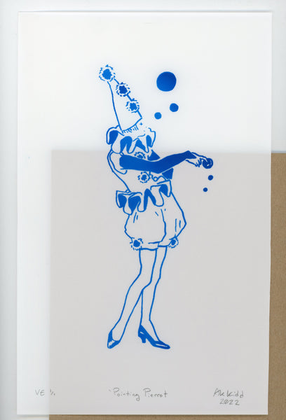 Varied Edition Screen Print: 'Pointing Pierrot' AK Kidd 2022 [7x11 inches, Pearlescent Blue Ink on Translucent Yupo]