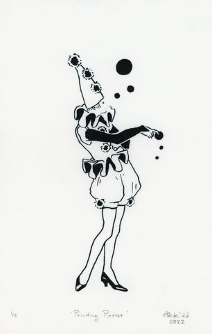 Varied Edition Screen Print: 'Pointing Pierrot' AK Kidd 2022 [7 x 11 inches, Black Ink on Translucent Yupo]