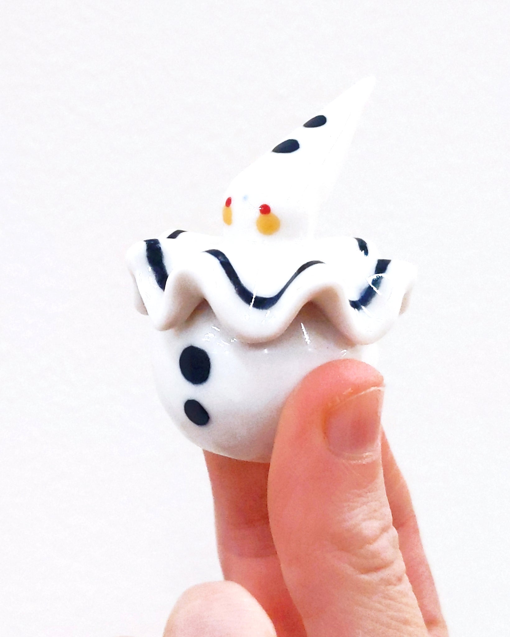 Birbauble Ceramic Art Toy [BB23.002: White Pierrot with Hat, 1.25" Body Diameter]