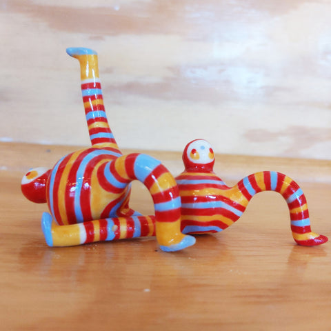 Tinybirdman Ceramic Art Toy Duo SECONDS [22.014 and 22.015: Candy Stripe One larger One Smaller]