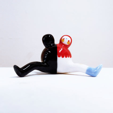 Tinybirdman Ceramic Art Toy [22.077: Two-Headed Half-Shadowed Red-Scalloped Peasant]