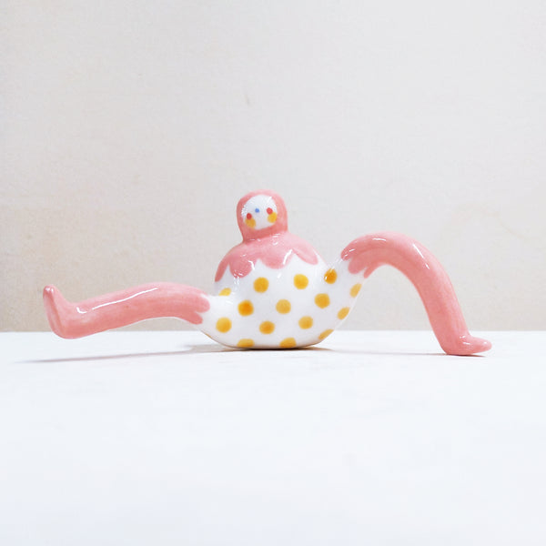 Tinybirdman Ceramic Art Toy [22.088: Pink Scalloped with Yellow Polka Dot SECOND]