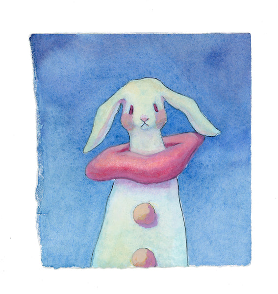 Watercolor #14: "Bunny Pierrot Portrait"  [5 x 6 inches, Gouache, Ink, and Oil Pencil on BFK Rives Paper]