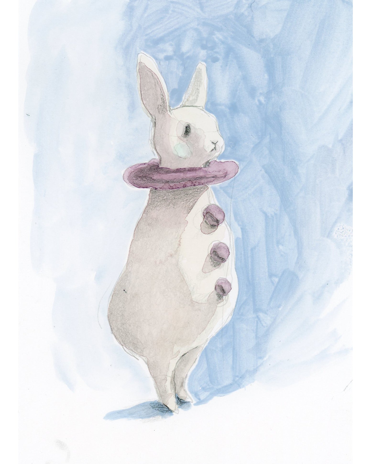 Drawing #137: Lavender Mint Bunny Pierrot [Watercolor and Graphite on Hot Press Watercolor Paper, 5 x 7 inches]