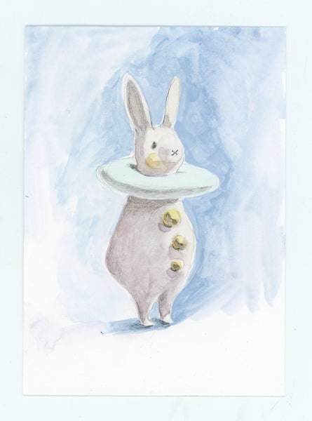 Drawing #138: Lemon Mint Bunny Pierrot [Watercolor and Graphite on Hot Press Watercolor Paper, 5 x 7 inches]