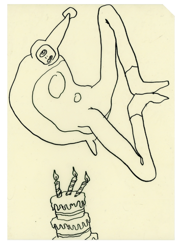 Drawing #32: "Birdman Birthday" [Beeswaxed Midori A5 paper]