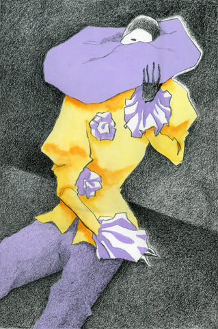 Drawing #27: "Purple Pierrot in the Hallway, Sitting" [11.5 x 17 inches on Watercolor Paper]